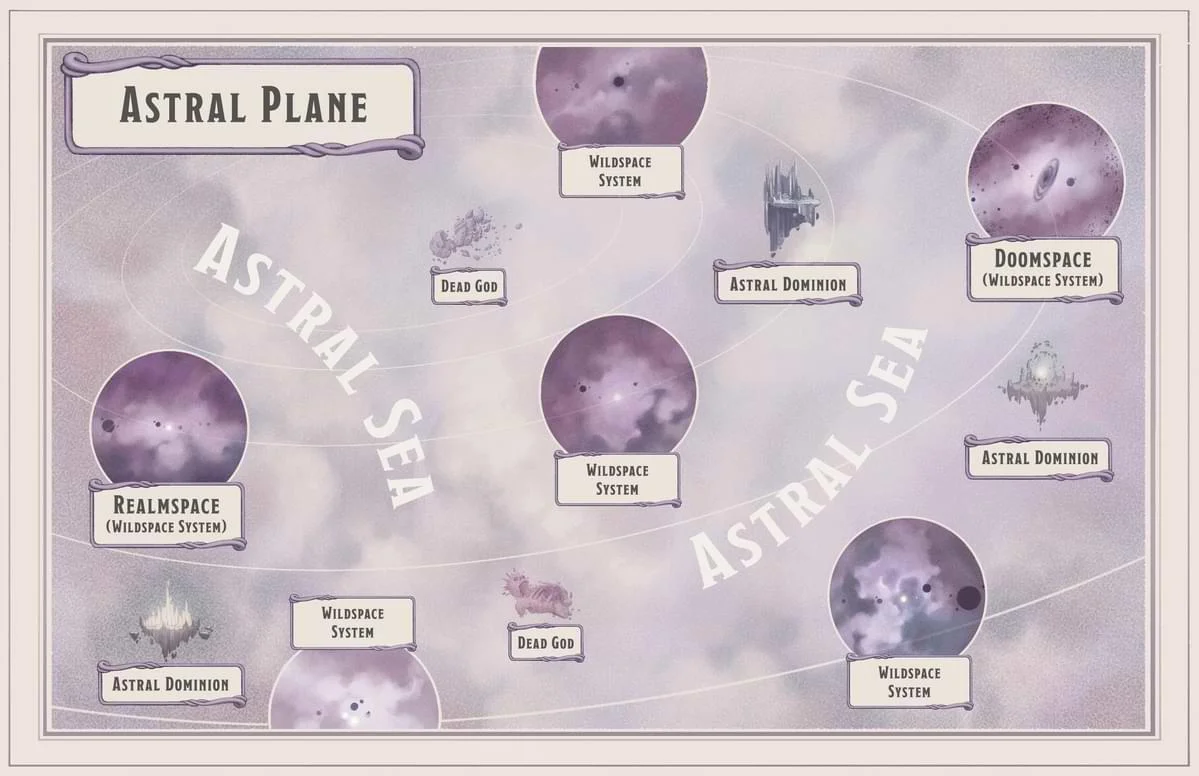 A map of spheres floating in the Astral Sea with names, Realm Space, Wildspace system, Doomspace and other items like dead god and astral dominion.