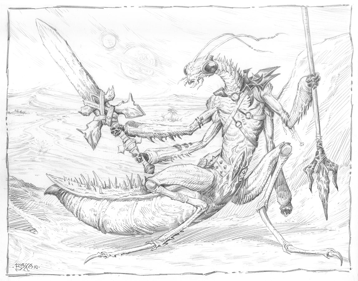 A Thri-Kreen wielding a gythka and a two handed sword. ThriKreen Warrior Copyright Thomas M. Baxa 2010