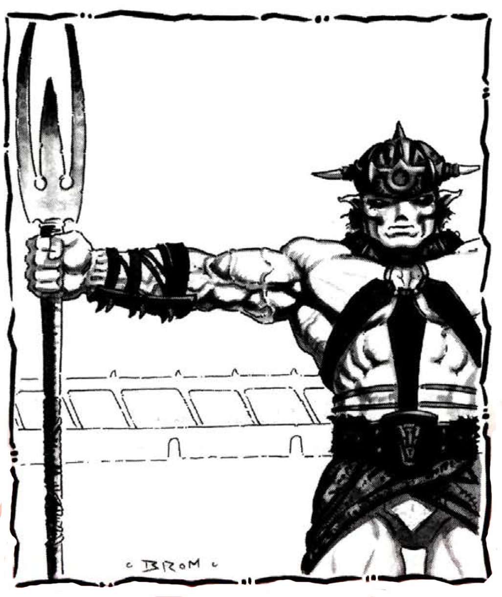 A heavily muscled gladiator holding a triden in his outstretched arm, with the faint backdrop of an arena.