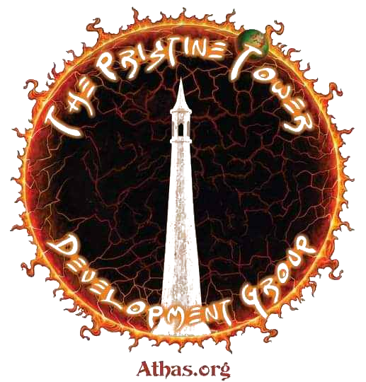 The Pristine Tower logo, a white spire superimposed over the dark sun of Athas with the words 'Pristine Tower Development Group' in a stylized font.